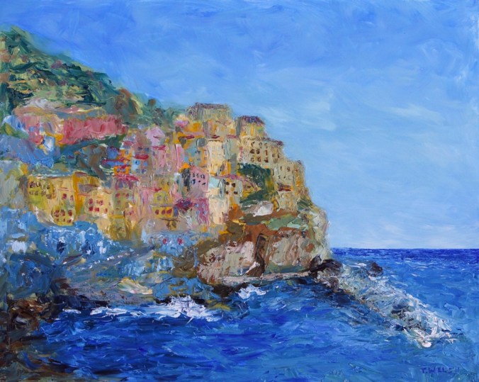 Manarola winter afternoon 16 x 20 oil on gessobord with 2 inch wood cradle by Terrill Welch IMG_4527