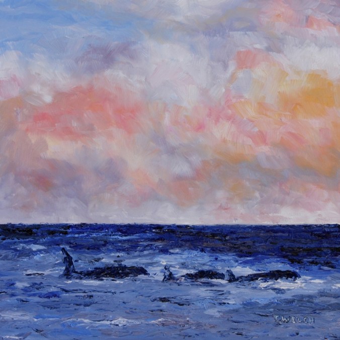 Orcas in Evening 12 x 12 inch oil on gessobord with 2 inch wood cradle by Terrill Welch IMG_4499