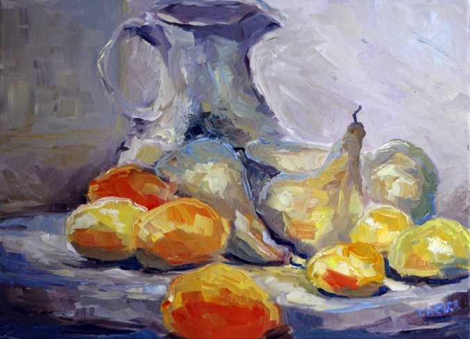 Wine vase pears lemons and blood oranges resting 12 x 16 inch oil on canvas by Terrill Welch 2013_02_09 072