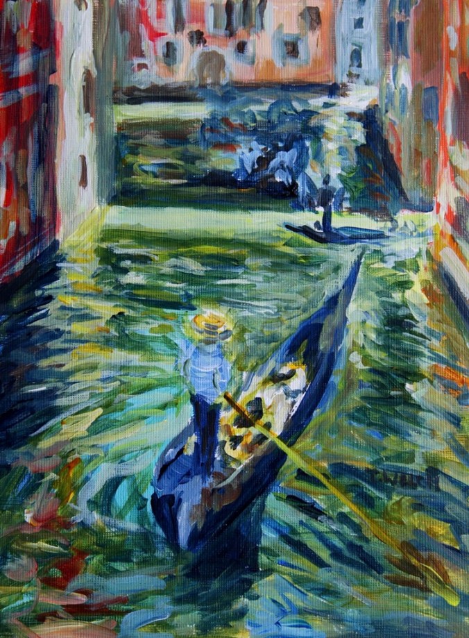Afternoon canal watch in Venice Italy 18 x 24 cm acrylic painting sketch on linen finished paint block by Terrill Welch 2014_04_19 005