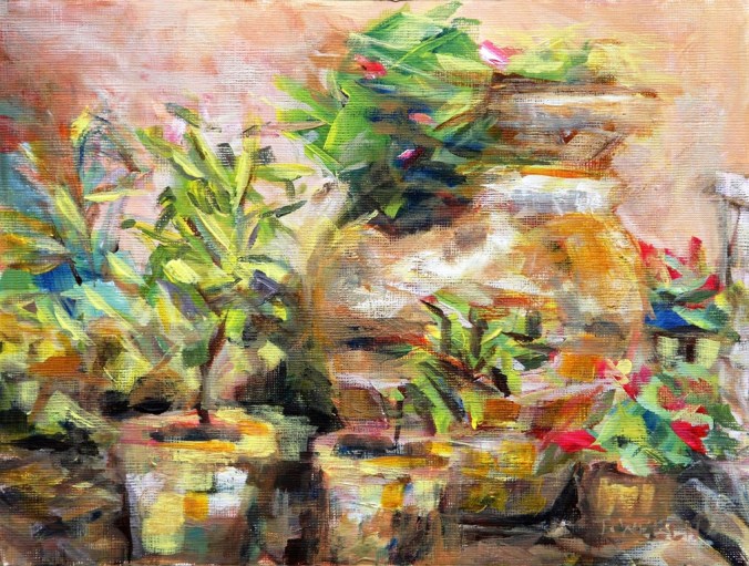 garden pots 18 x 24 cm plein air acrylic painting sketch on linen finished painting block by Terrill Welch 2014_04_29 030