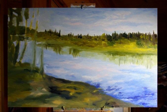 Stuart River kicking leaves in progress 24 x 36 inch oil on canvas by Terrill Welch 2014_11_23 012