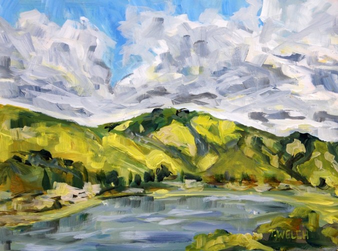 big clouds over the green Fremont Hills in California 9 x 12 inch acrylic plein air sketch on gessobord by Terrill Welch 2015_02_27 133