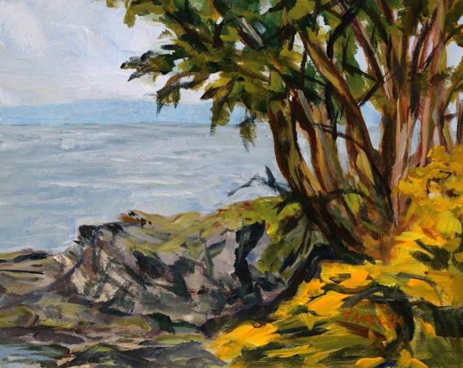 Scotch Broom and Arbutus Tree set in grey quick study 8 x 10 inch acrylic plein air sketch on gessobord by Terrill Welch 2015_05_11 016