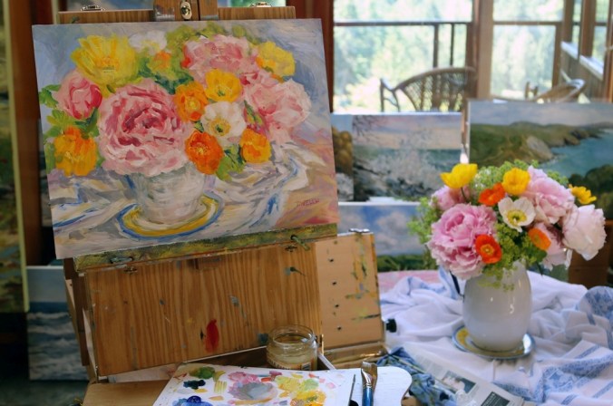 Peonies and Poppies Still Life 12 x 16 acrylic painting sketch just completed  in the studio by Terrill Welch 2015_06_07 305