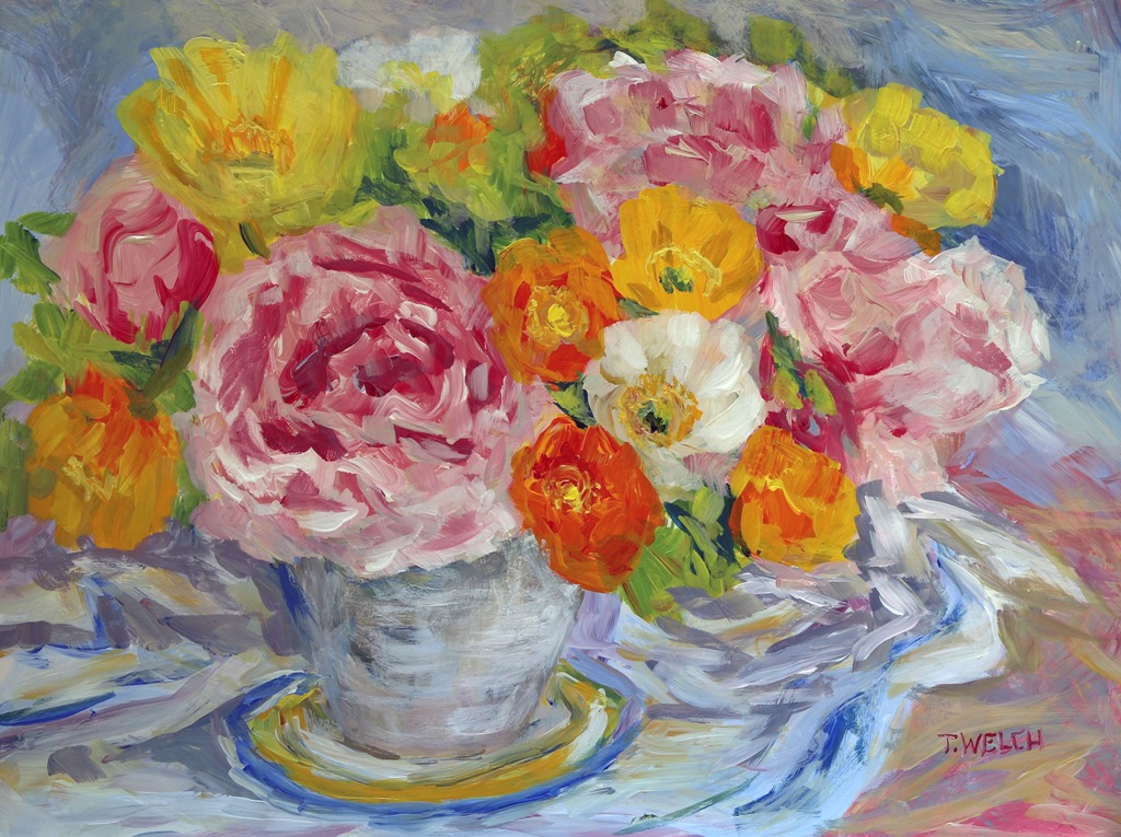Peonies and Poppies still life 12 x 16 inch acrylic painting sketch on gessobord by Terrill Welch 2015_06_07 477