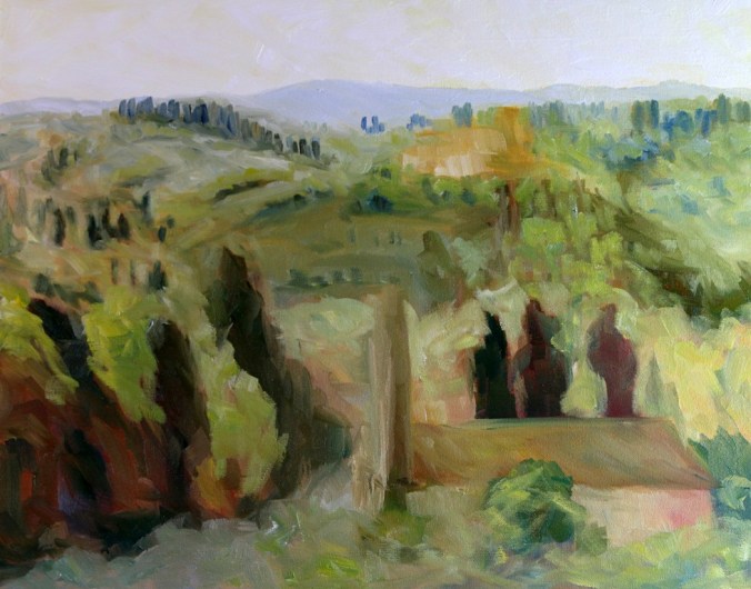 Bell Towers of Florence Countryside 16 x 20 inch walnut oil on canvas in progress 5 by Terrill Welch 2015_07_31 001