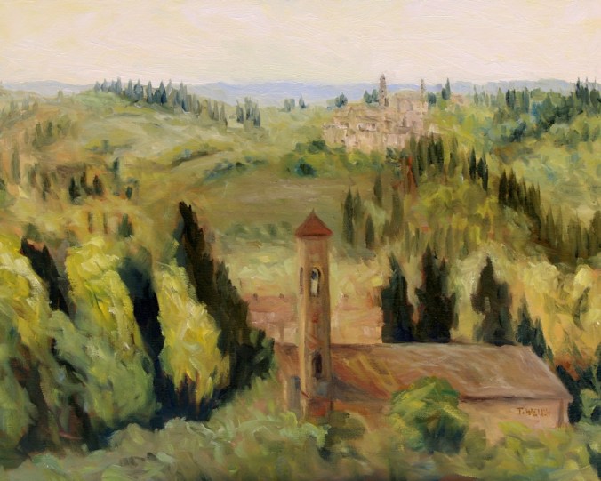 Bell Towers of Florence Countryside 16 x 20 inch walnut oil on canvas in progress 6 by Terrill Welch 2015_07_31 008
