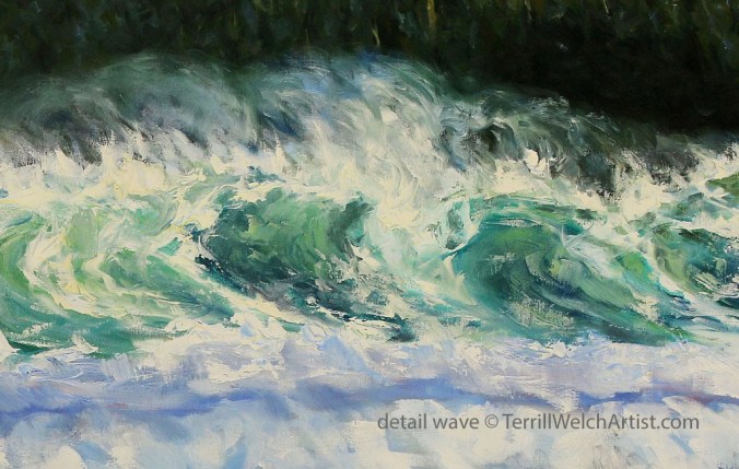 detail wave Sea and Sun Cox Bay Tofino BC 24 x 48 inch oil on canvas by Terrill Welch July 15 2016 IMG_7009