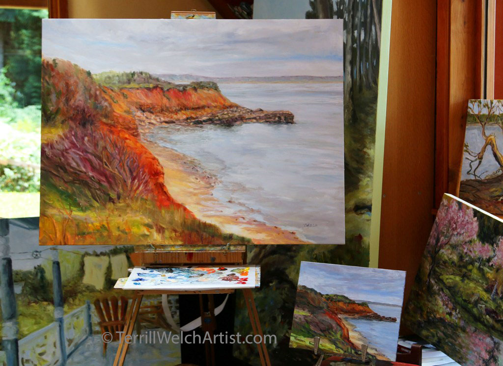 In Studio placing last brushstroke on first large East Coast #PEI painting by Terrill Welch  IMG_6453