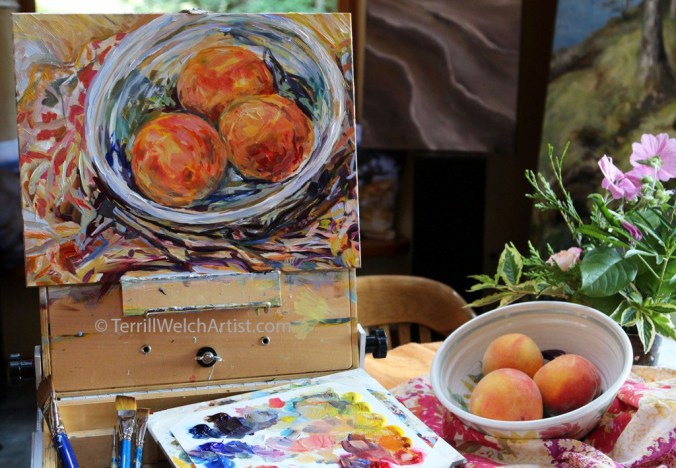 Almost done still life painting sketch of peaches by Terrill Welch August 26 2016 IMG_9338