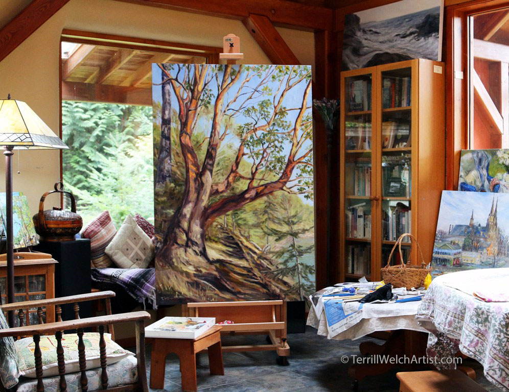 working-on-storytelling-arbutus-tree-bennett-bay-mayne-island-bc-60-x-40-inch-oil-on-canvas-by-terrill-welch-img_9550